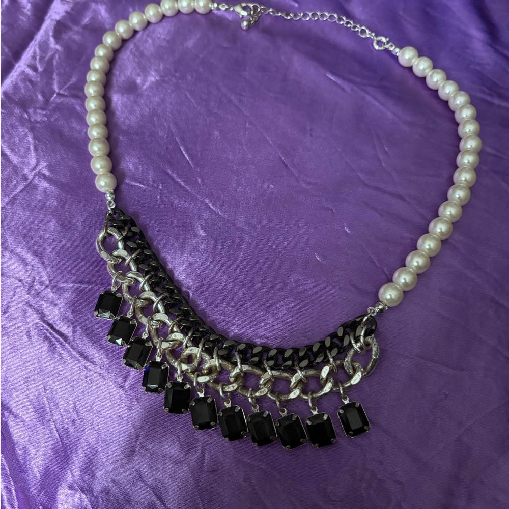White Pearl Necklace with Black Crystal Accents